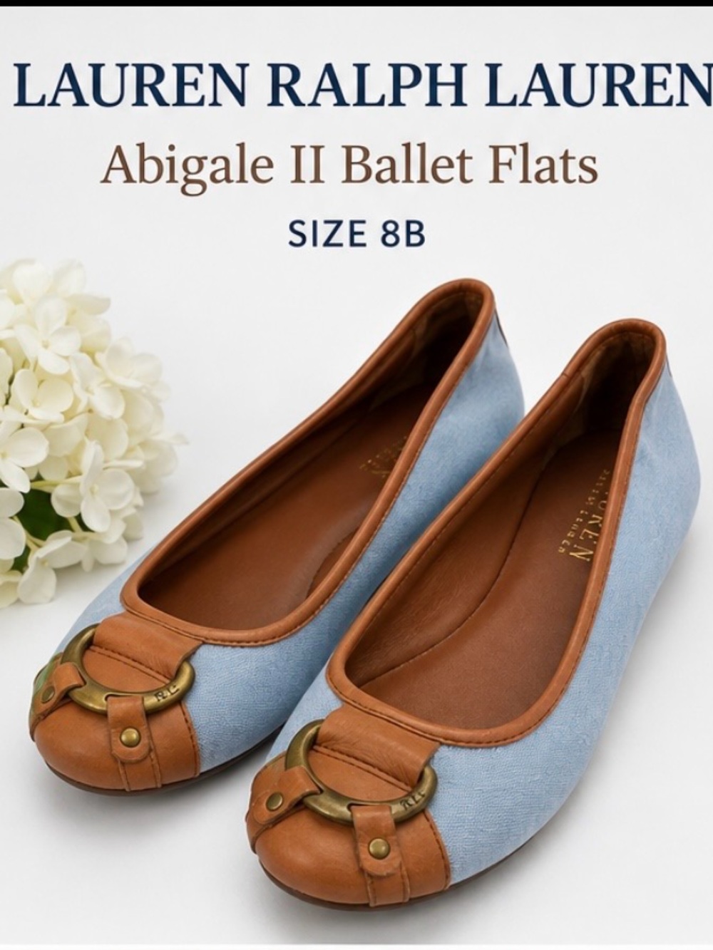 Lauren Ralph Lauren Light Blue and Tan Leather-Trim Abigale II Ballet Flats